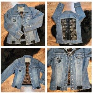Hand Crafted One of a Kind Upcycled Jean Jacket Chico's Platinum Size 0